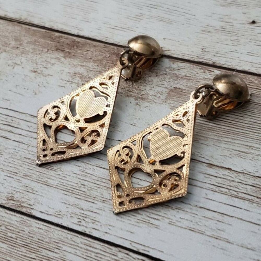 Vintage Clip On Earrings Gold Tone Diamond Shape with Heart Detail